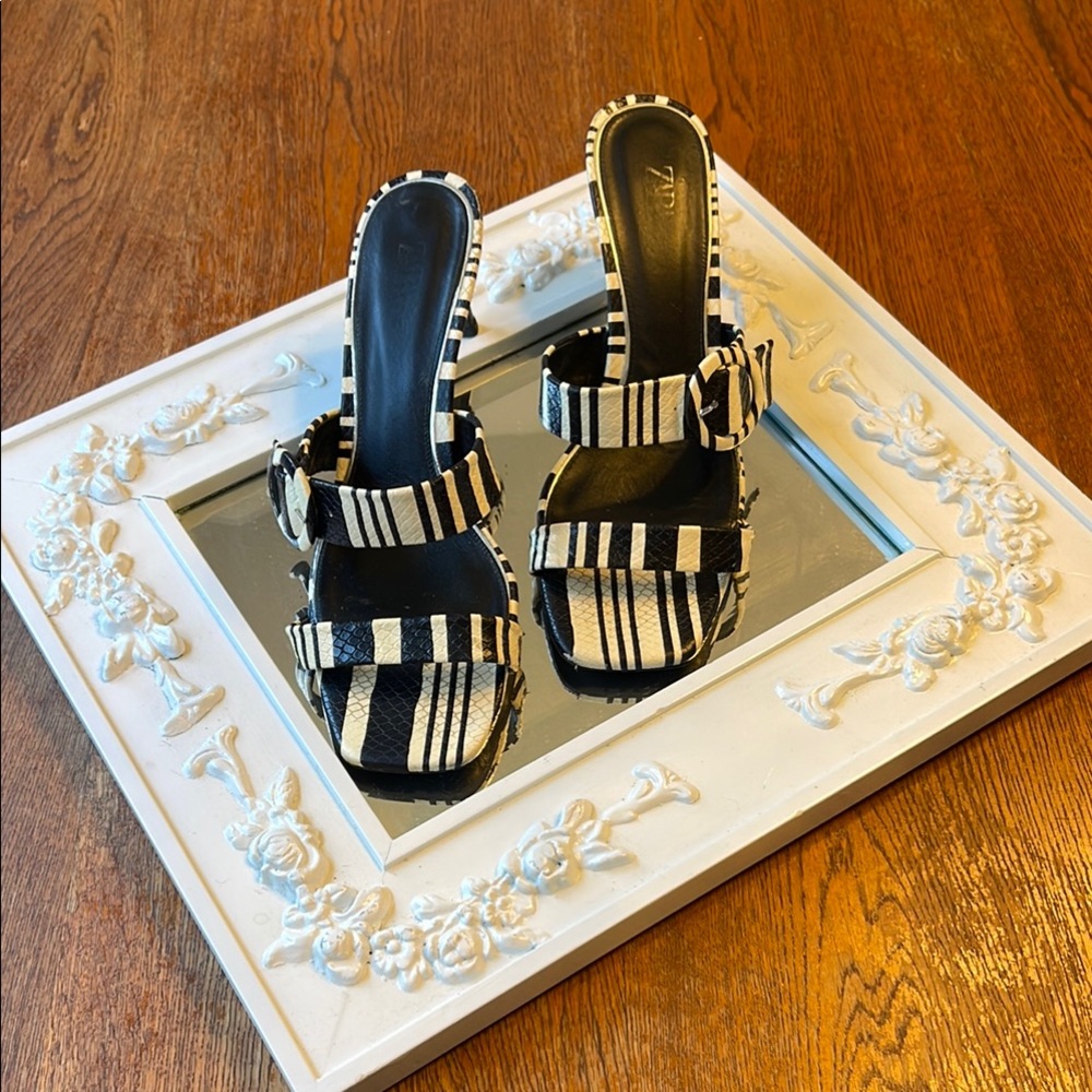 Zara Stylish Black and White Striped Women's Sandals